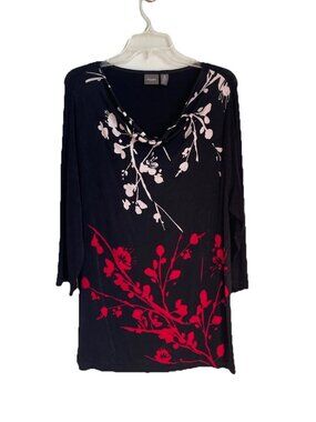 Chicos Travelers 3 Black Red Floral 3/4 Sleeve Tunic Slinky